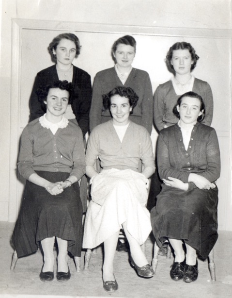 0012 : 1956 Prize Winners Front: Joan Enright, 1st Place Irish Gen. Cert, Mary Hartnett, 3rd Place in Ireland Irish, Mary Collins 3rd Place in Ireland Irish Back: Kathleen Woulfe 1st Place Inter. Irish in Ireland, Mairín Costelloe, 1st Place in Co. Limerick Advanced Irish, Sheila McCarthy, 1st Place in Ireland, Elementary Bookkeeping.