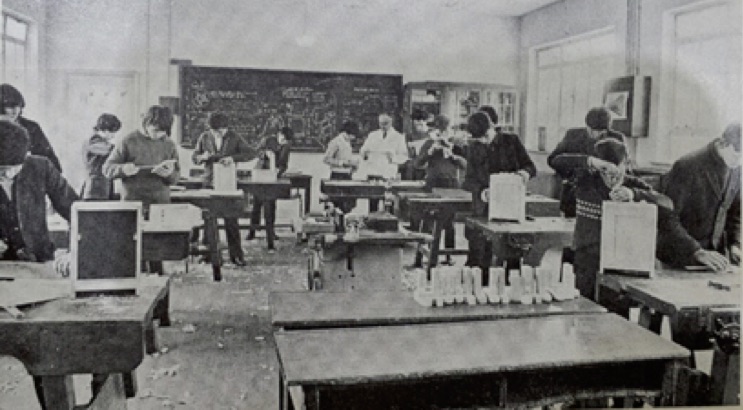0034 : Mr. Pat Twomey with a 2nd year boys woodwork class.
