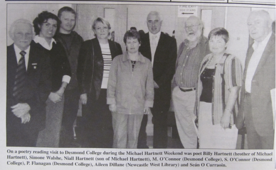 0168 : Pictured at a poetry reading during the Michael Hartnett Weekend was poet Billy Hartnett, Simone Walshe, Niall Hartnett, Mary O'Connor, Siobhan O'Connor, Padraig Flanagan, Aileen Dillane and Sean O'Curraoin